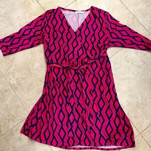 JustFab Geometric Wrap Dress in Dark Pink & Navy